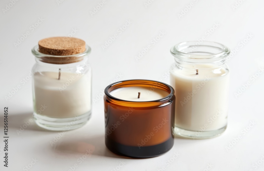 Soy candles in dark amber, white glass bottles with cork cover on a white background. Minimal design. Aromatherapy concept for beauty, romantic, health, relaxation, spa or skin care. Soy candles in dark amber, white glass bottles with cork cover on a white background. Minimal design. Aromatherapy concept for beauty, romantic, health, relaxation, spa or skin care.