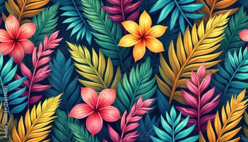 Illustration of tropical palm leaves, flowers. Gradient sunset colors seamless pattern, botanical design, floral print. Decorative ornament, art. Exotic summer theme. Great for textile, wallpaper,