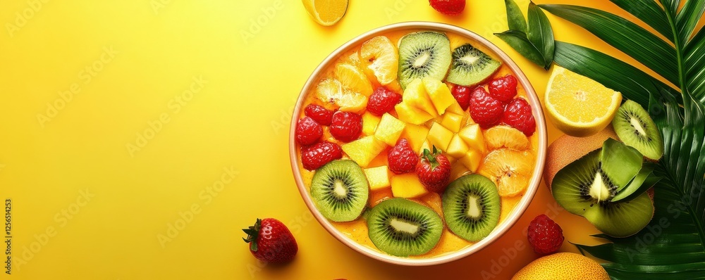 Colorful fruit salad with kiwi, mango, and berries on vibrant yellow background Colorful fruit salad with kiwi, mango, and berries on vibrant yellow background
