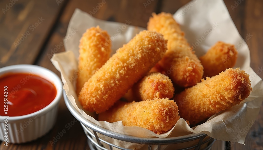 Golden crispy mozzarella sticks lie in metal basket with paper liner and marinara sauce on wooden table. Delicious fast food appetizer served with dipping sauce in restaurant, cafe, bar. Golden crispy mozzarella sticks lie in metal basket with paper liner and marinara sauce on wooden table. Delicious fast food appetizer served with dipping sauce in restaurant, cafe, bar.