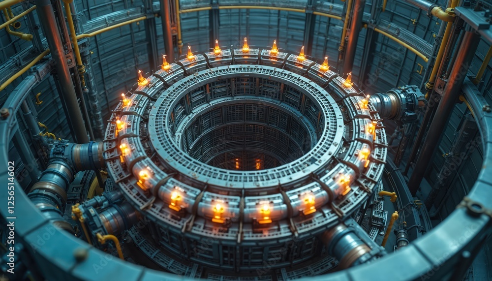 Obraz premium Close-up illustration of nuclear reactor internals with dome, control rods. Complex piping, cooling systems, safety equipment at power plant. Sustainable energy concept, nuclear fusion research,