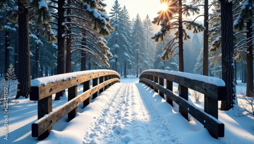 Old wooden bridge in the middle of a snowy forest with fir trees, forest path, old bridge, snov forest photo