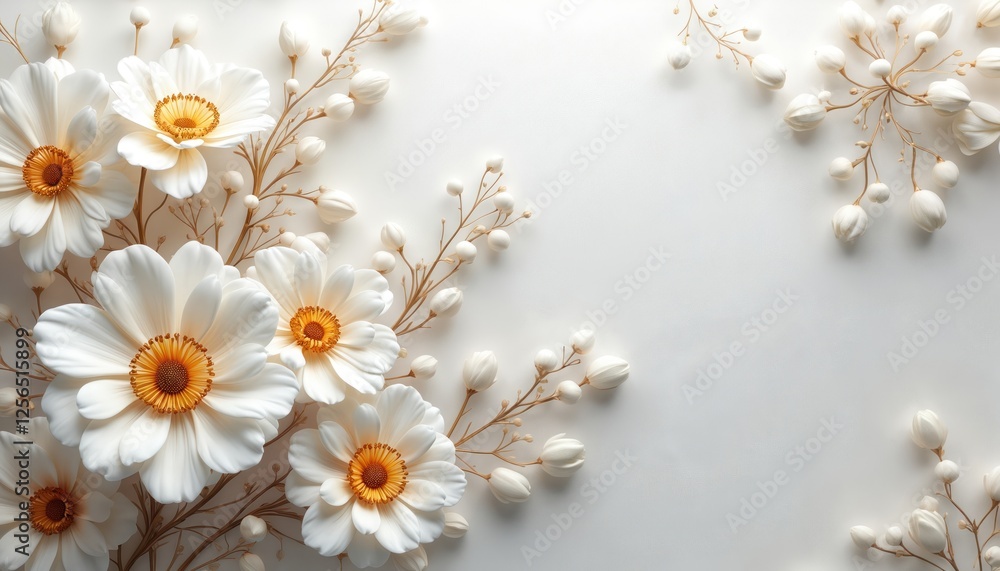 Elegant white flowers with gold accents design on light background. Luxurious floral relief home decor. Abstract aesthetic calm decoration. Modern natural peaceful poster template style. Elegant white flowers with gold accents design on light background. Luxurious floral relief home decor. Abstract aesthetic calm decoration. Modern natural peaceful poster template style.
