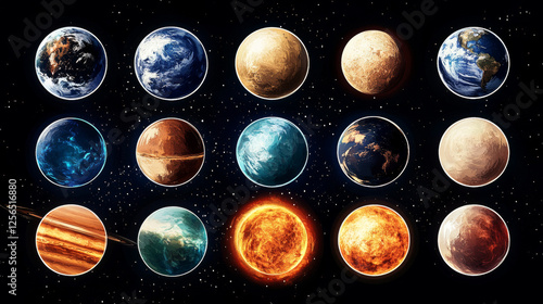 Planets of Solar System realistic set of vector space, astronomy design. Universe galaxy planets and stars, Earth, Sun, Mercury and Jupiter,Saturn and Uranus with rings, Pluto, Moon, Venus and Neptune photo