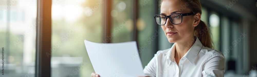 Mature businesswoman in glasses reviews financial documents in modern office. Confident woman analyzes report, assesses risks, makes strategic decisions. Finance professional consults corporate Mature businesswoman in glasses reviews financial documents in modern office. Confident woman analyzes report, assesses risks, makes strategic decisions. Finance professional consults corporate