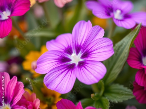 Close-up of vibrant purple flower petals and delicate leaves, close-up, fresh, flower