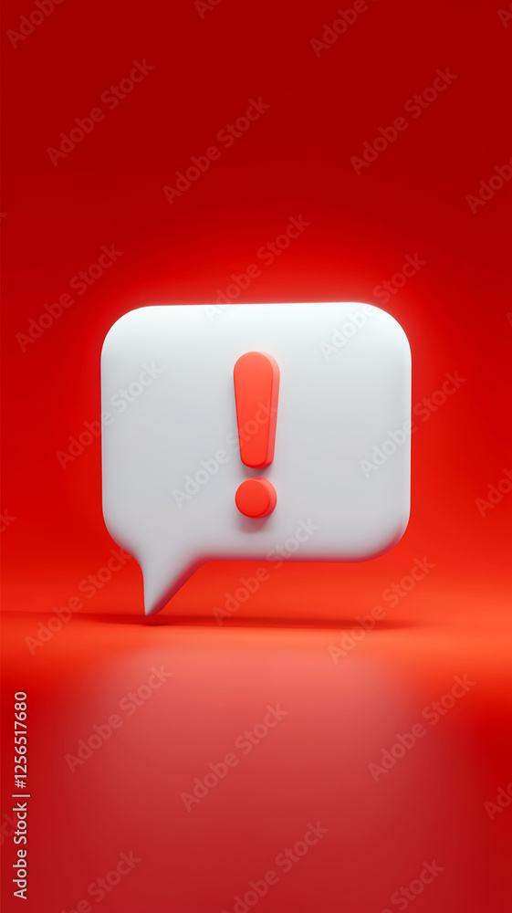 A red notification symbol with an exclamation mark inside a white speech bubble, representing an alert or warning message, against a red background. A red notification symbol with an exclamation mark inside a white speech bubble, representing an alert or warning message, against a red background.