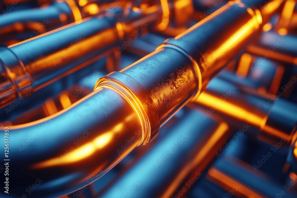 Naklejka premium A close-up view of metallic pipes illuminated with a warm glow, showcasing intricate details and a modern industrial aesthetic.