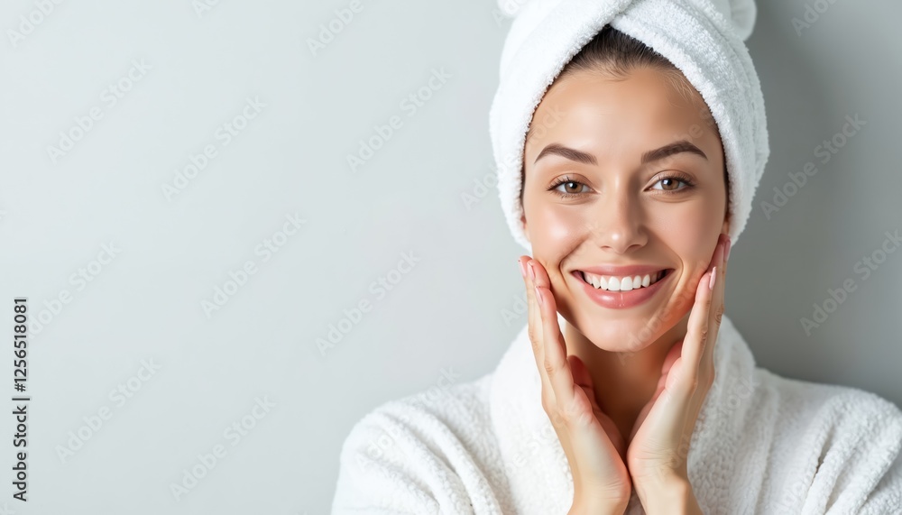 Young woman in white bathrobe, towel on head smiles, touches face. Perfect healthy skin, natural beauty, spa wellness treatments for moisture. Rejuvenation solutions, facial lifting, collagen Young woman in white bathrobe, towel on head smiles, touches face. Perfect healthy skin, natural beauty, spa wellness treatments for moisture. Rejuvenation solutions, facial lifting, collagen