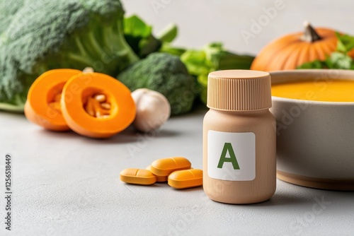 Spilling vitamin a pills from a supplement bottle, with pumpkin soup and fresh vegetables like broccoli and spinach in the background, emphasizing the vitamin's health benefits photo