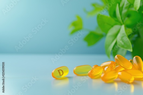 Softgels filled with vitamin d spilling from a bottle onto a reflective surface, accompanied by a plant in the background, highlighting healthy living and nutrition benefits photo