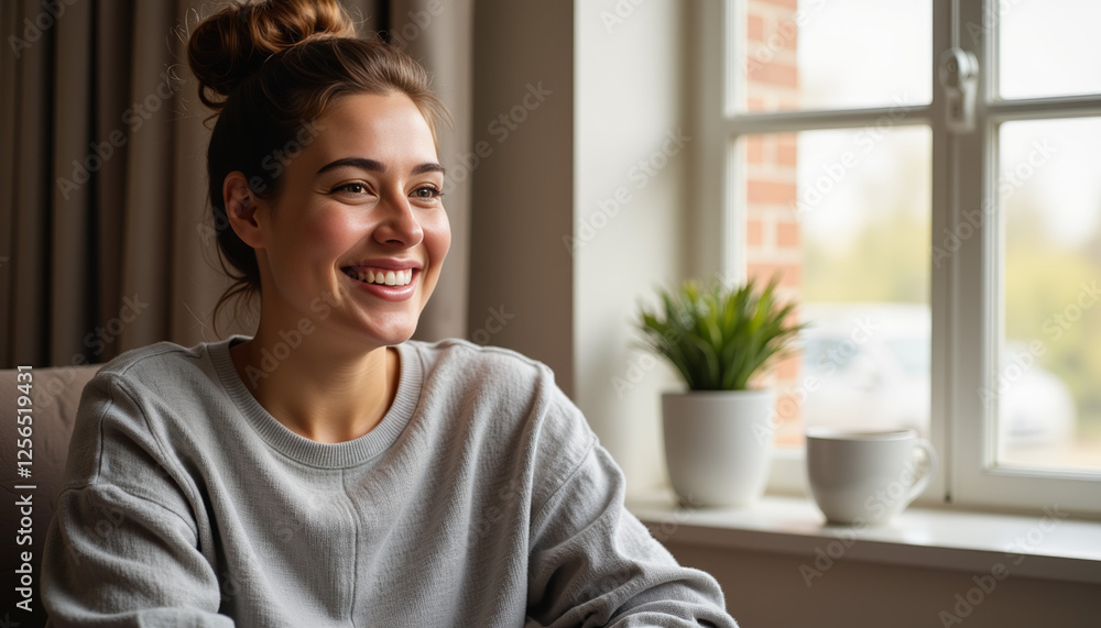 Smiling young woman enjoying a cozy morning by the window. Smiling young woman enjoying a cozy morning by the window.