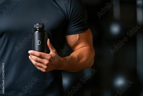 Muscular bodybuilder is holding a black bottle of vitamin d supplement, emphasizing the importance of vitamins and minerals for optimal health and performance in fitness training
