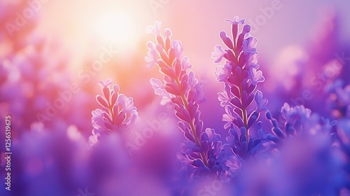 Lavender field at sunset, sunlit purple flowers.
