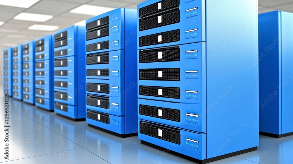 Rows Of Blue Server Racks In Modern Data Center Rows Of Blue Server Racks In Modern Data Center