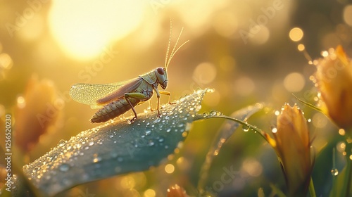 Wallpaper Mural Golden Hour Grasshopper: A Dew-Kissed Sunrise Torontodigital.ca