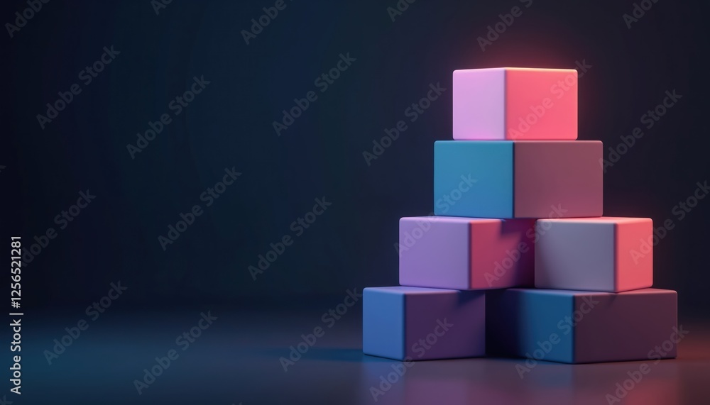 Stacked geometric blocks with gradient lighting effects on dark background. Abstract three-dimensional composition with modern sleek design. Futuristic digital symmetry structure, bold artistic