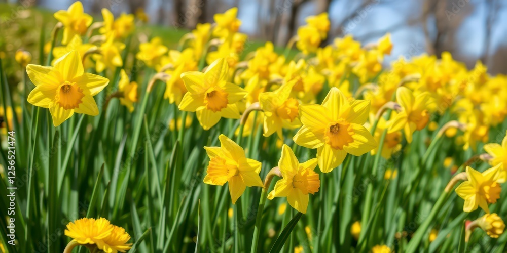 Lush field of vibrant yellow daffodil flowers swaying gently in the breeze under a clear blue sky, sunny, sunny, daffodils Lush field of vibrant yellow daffodil flowers swaying gently in the breeze under a clear blue sky, sunny, sunny, daffodils