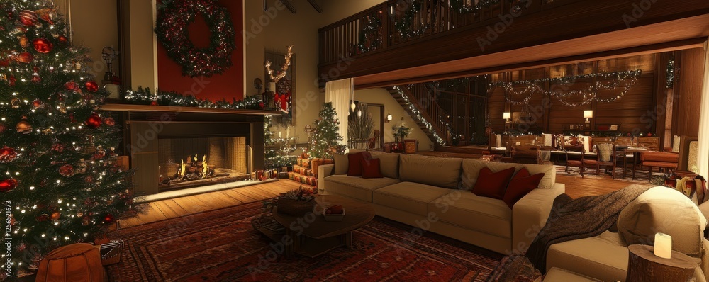 Cozy christmas living room with fireplace and festive decorations at night Cozy christmas living room with fireplace and festive decorations at night