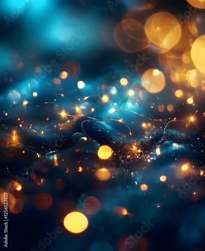 A serene and elegant background with a gradient of dark blue and golden hues, featuring soft bokeh lights that create a warm and dreamy atmosphere. the image is high quality and has a watermark in the photo