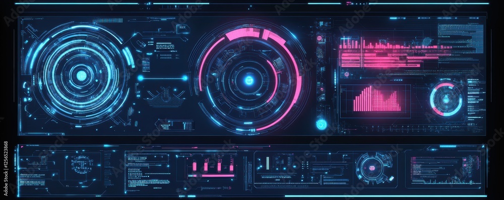 Futuristic holographic interface with data displays and digital graphics Futuristic holographic interface with data displays and digital graphics