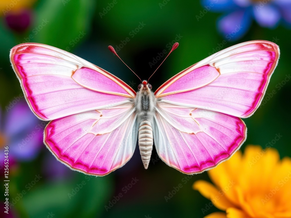 Vibrant pink butterfly with delicate wings resting on a pristine white background, details, macro