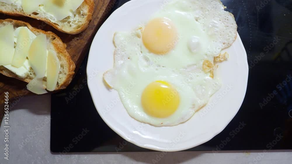 Top view Put Two swaying Soft White Fried Eggs Shining Yellow Yolk Breakfast on plate. Cheese sandwiches food stylish glossy black background smoke organic eating healthy bright sparkling knife fork Top view Put Two swaying Soft White Fried Eggs Shining Yellow Yolk Breakfast on plate. Cheese sandwiches food stylish glossy black background smoke organic eating healthy bright sparkling knife fork