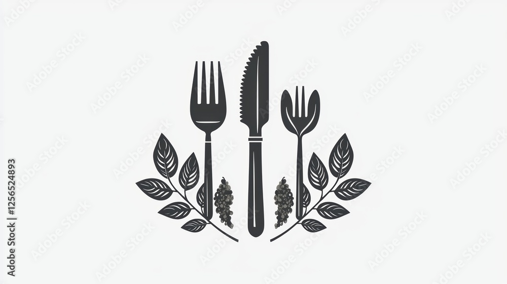 A graphic design featuring cutlery and leaves, symbolizing food and nature. A graphic design featuring cutlery and leaves, symbolizing food and nature.