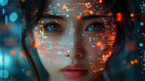 Woman's face transforms into pixels and data streams in a futuristic environment showcasing a blend of human expression and digital elements