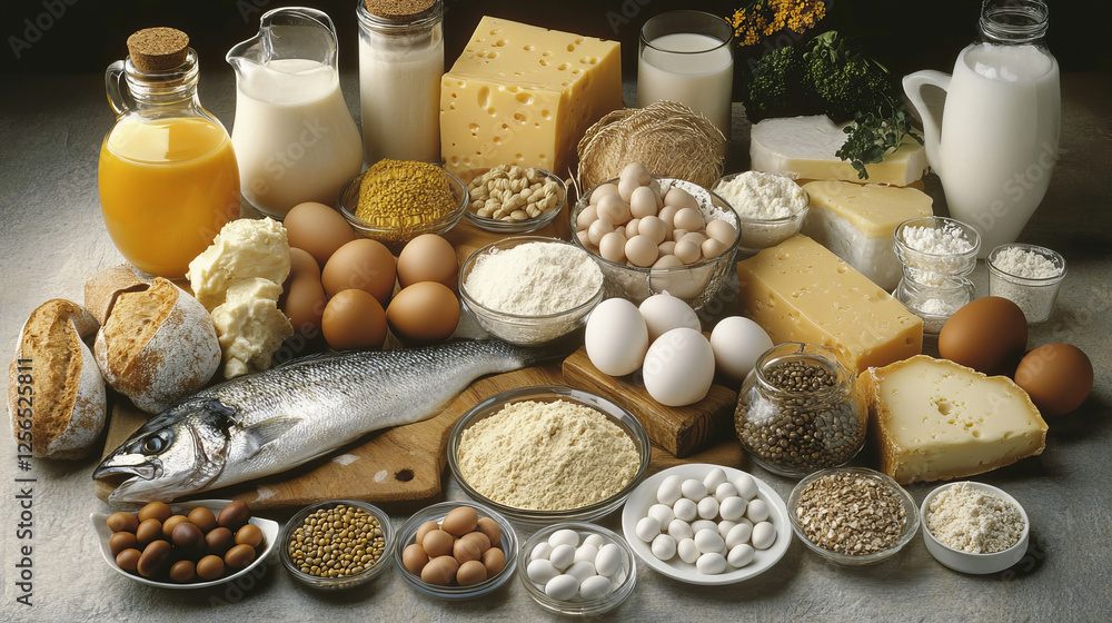 Chart table content of vitamins and minerals in food. Vector eggs, cheese, cow or soy milk and curd, cocoa, soy flour and soya meat or tofu skin, fish, oil and butter with chicken leg Chart table content of vitamins and minerals in food. Vector eggs, cheese, cow or soy milk and curd, cocoa, soy flour and soya meat or tofu skin, fish, oil and butter with chicken leg
