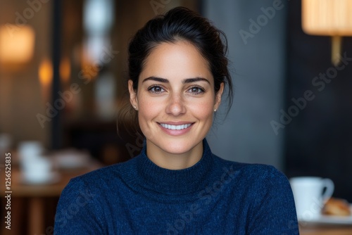 Free Download Smiling hispanic female adult in blue sweater in cozy indoor setting - GFXLoad