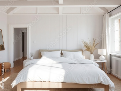 King size bed with minimalist design in a bright and airy Scandinavian bedroom, home, bedroom photo