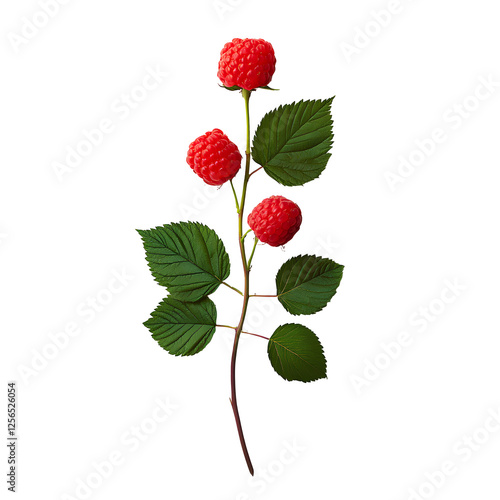 Raspberry sprig with three ripe berries isolated on black background.  A vibrant sprig displays three juicy raspberries, showcasing their natural beauty against a dark backdrop.