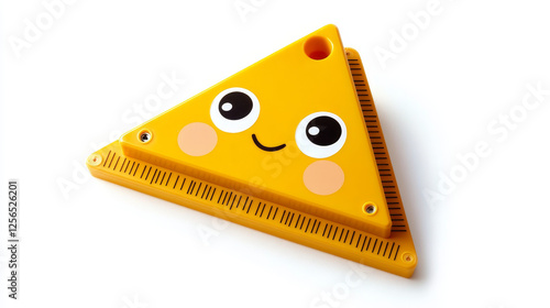 Cartoon school plastic triangle ruler character. Isolated vector triangular scale school personage with smiling face. Measuring tool for mathematics and geometry lessons, maths instrument photo