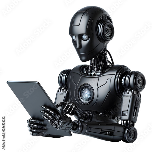 Ai  BLACK robot using tablet isolate on White background