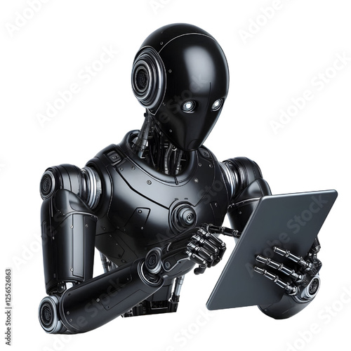 Ai  BLACK robot using tablet isolate on White background