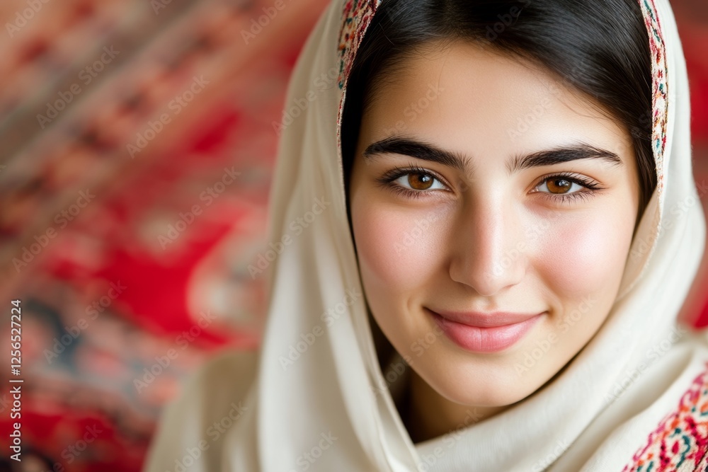 Young caucasian female smiling wearing traditional headscarf against colorful background Young caucasian female smiling wearing traditional headscarf against colorful background
