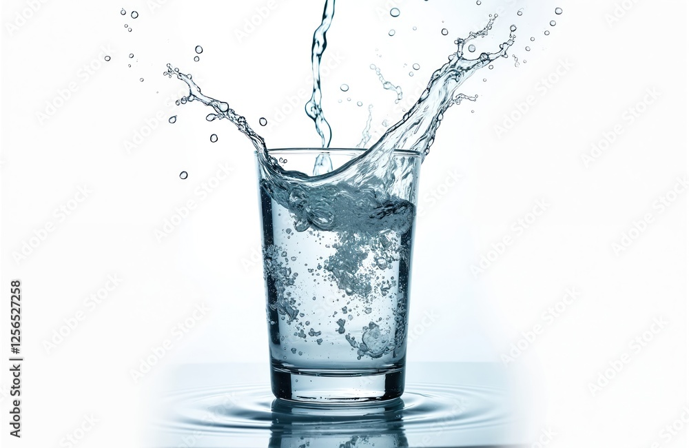 Water pours into transparent glass creating splash with bubbles, isolated on white background. Refreshing drink with purity. Liquid motion in closeup. Source of cold pure mineral water on table. Water pours into transparent glass creating splash with bubbles, isolated on white background. Refreshing drink with purity. Liquid motion in closeup. Source of cold pure mineral water on table.