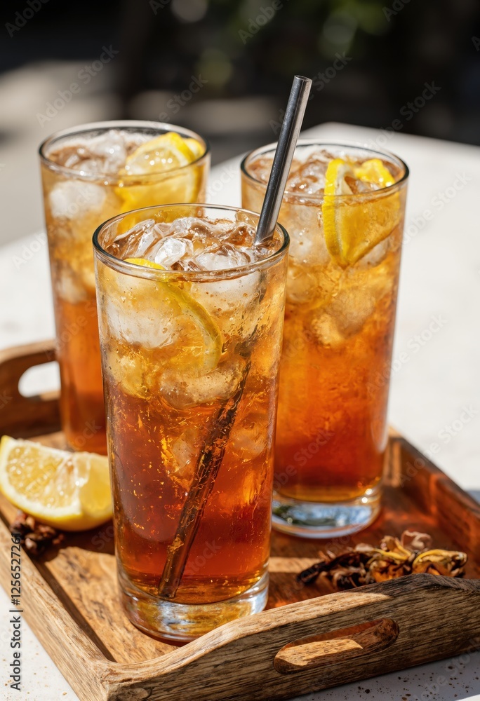 Glasses of iced tea with lemon slices and ice cubes on a wooden tray. Refreshing summer beverage concept. Glasses of iced tea with lemon slices and ice cubes on a wooden tray. Refreshing summer beverage concept.