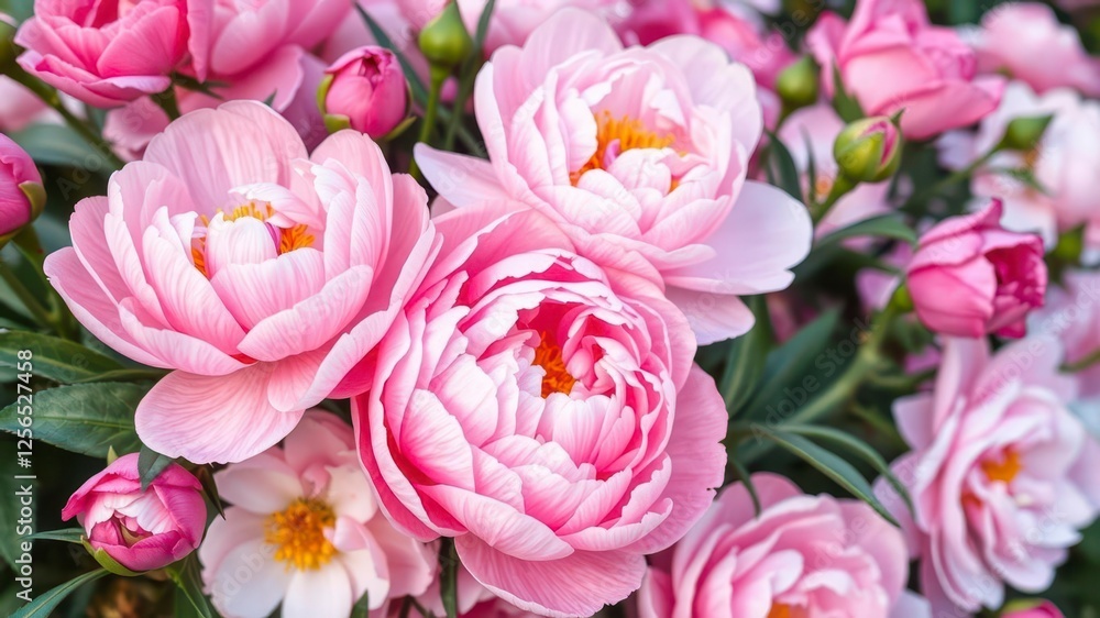 Fototapeta premium Pink peony flowers in full bloom creating a beautiful and lush background, vibrant, flowers