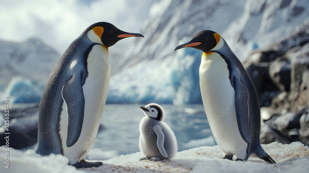 Fototapeta premium $k image of penguins and a baby penguin in the arctic