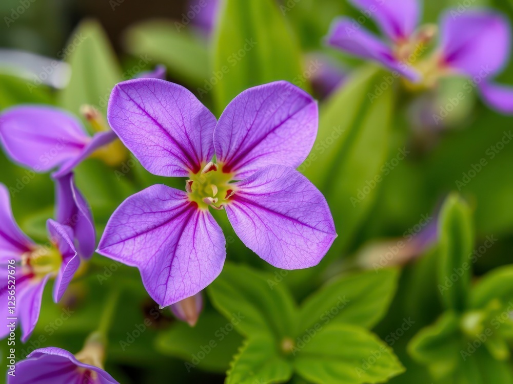 Purple flower petals and leaves set against a blurred green background, plant, purple, fresh Purple flower petals and leaves set against a blurred green background, plant, purple, fresh