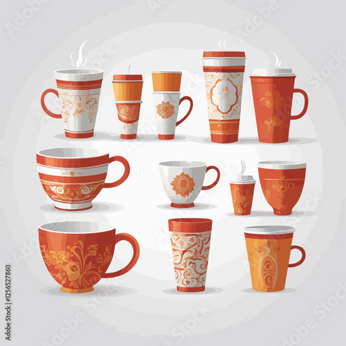 A set of coffee cups with elegant ethnic and vintage-inspired patterns. Ideal for decorative designs, branding, and packaging.