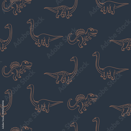 Dinosaur seamless pattern. Hand drawn vector dinosaurs for textile design. Dark blue background Tyrannosaurus Rex, Stegosaurus, Brachiosaurus, Triceratops outline animals for boys and teens clothing