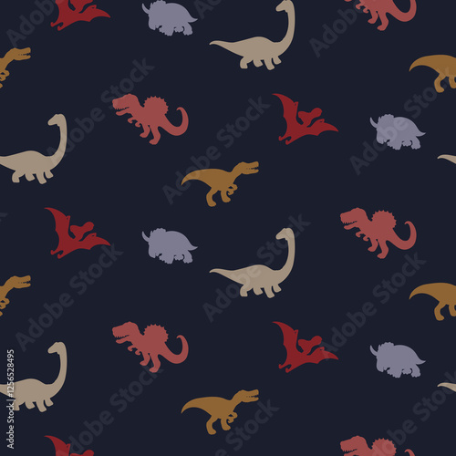 Dinosaur seamless pattern. Hand drawn vector dinosaurs for textile design. Dark blue background Tyrannosaurus Rex, Stegosaurus, Brachiosaurus, Triceratops silhouette outline animals for boys and teens