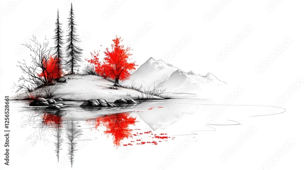Red trees island lake autumn mountain reflection Red trees island lake autumn mountain reflection