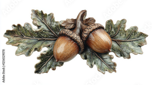 Cartoon acorns with dry leaf on stem, small, nut-like seeds from oak trees, feature a cap and come in shades of brown. Isolated vector fallen foliage, forest plant, symbolizes growth, cycle of life photo