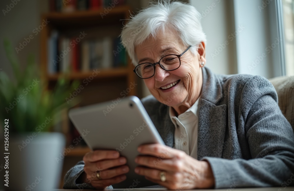 Smiling senior woman uses tablet at home. Grandma with grey hair learns modern tech digital literacy, stays connected with family. Elderly lady with glasses enjoys online communication. Mature Smiling senior woman uses tablet at home. Grandma with grey hair learns modern tech digital literacy, stays connected with family. Elderly lady with glasses enjoys online communication. Mature