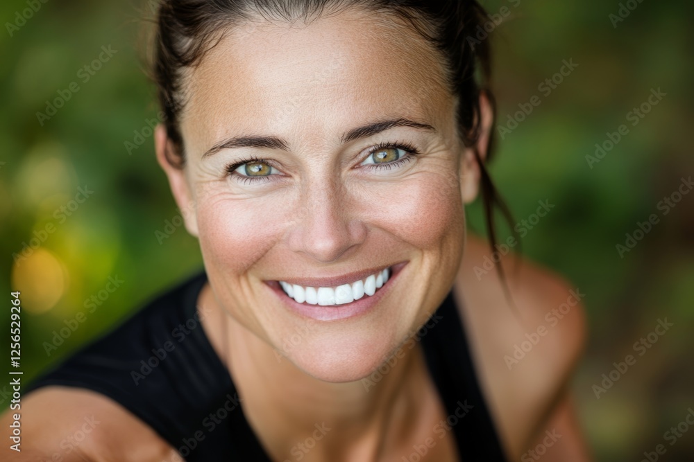 Naklejka premium Smiling caucasian female adult with brown hair and green eyes outdoors