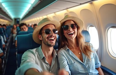 Happy couple takes selfie inside airplane, wearing hats sunglasses. Cheerful travelers fly on vacation. Passengers board plane enjoy summer holidays transportation, travel by air, journey to